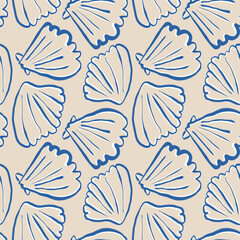 Hand drawn sea shells scallops blue seamless pattern in doodle sketchy style on sandy beige background. Line art sea shell vector background