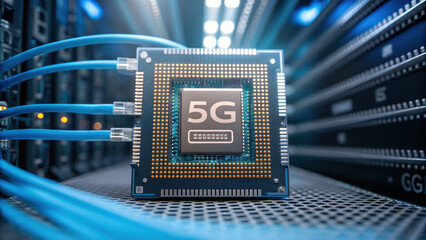 5G semiconductor chip is displayed in server room showcasing advanced technology