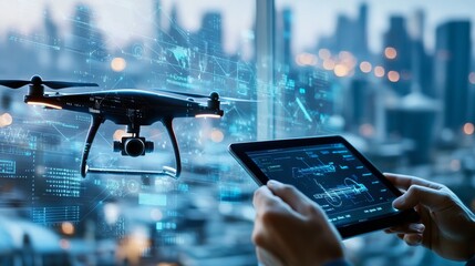 A drone operator controlling an industrial UAV, high-rise cityscape in the background with digital overlays on a tablet screen, High-tech style