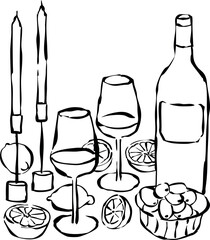 Ilustración vectorial de paisaje de mesa con copas frutas y velas. Arte en líneas de mesa de cena. Dibujo a mano de mesa para diseño de invitaciones, branding papelería, imprimibles, redes