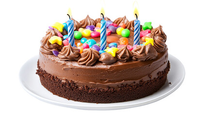 Birthday cake with candles and frosting on white background