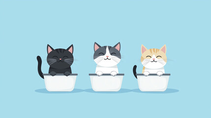 Fototapeta premium Cats in bowls: three adorable kitten faces peep playfully over the rim of individual bowls, each cat displaying a unique color variation against a soft background. capturing joy and happiness.