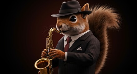 Squirrel Playing Saxophone Wearing Suit and Hat in a Humorous Setting