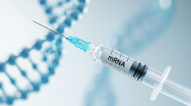 mRNA Injection and DNA Helix: A close-up view of a medical syringe filled with mRNA, poised against a blurred background of a DNA helix.