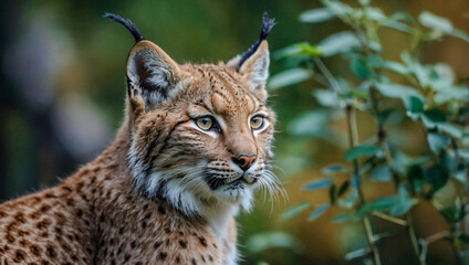 Obraz premium Close-up view of Eurasian Lynx cub in its natural environment with a blurred background