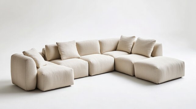 A modular sectional sofa in soft beige fabric with clean lines