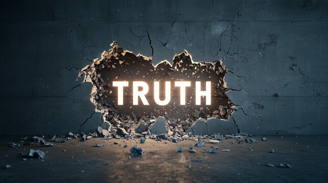 Unveiling Truth: A dramatic display as "TRUTH" illuminates from a break in a concrete wall, symbolizing discovery and reality.