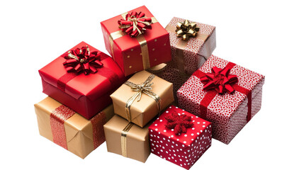 Obraz premium Red Christmas gift boxes with ribbons and bows wrapped in festive paper for holiday celebrations and surprises