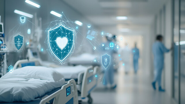 The Guardian of Care: a digital shield protects and signifies health in an illuminated hospital corridor, implying a fusion of technology and care.