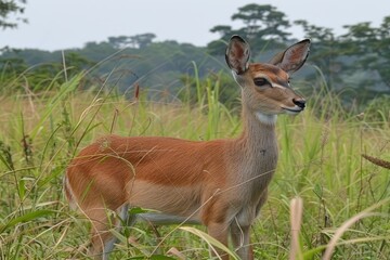 A graceful deer stands in tall grass, showcasing its sleek body and attentive posture amidst a serene natural backdrop.