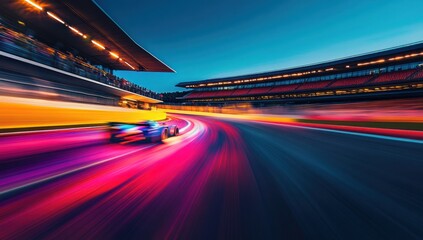 Obraz premium Speed, Thrills, and Nighttime Glory: A Formula 1 Racecar Blazes Through a Vibrant Track Under the Twilight Sky
