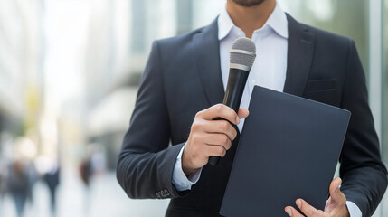 "Public Speaking and Presentation: A well-dressed speaker holds a microphone and file, ready to engage and inform, showcasing professionalism and expertise in an outdoor setting."