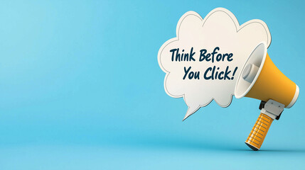 Digital safety advice: A bold message "Think Before You Click!" erupts from a megaphone, urging viewers to consider the digital world