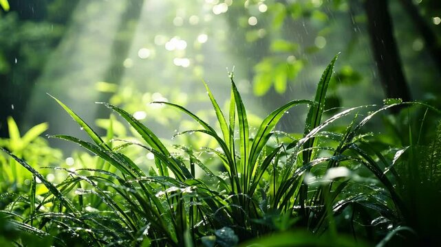 Rain-kissed grass in sun-dappled forest
