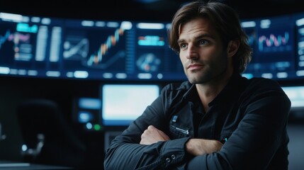 Fototapeta premium A fintech engineer developing AI algorithms for digital currency trading, futuristic trading floor with real-time market data, High-tech style