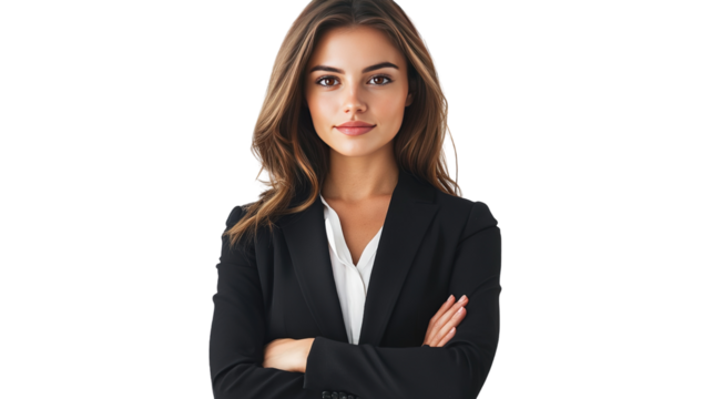 Confident businesswoman standing in a suit smiling in a professional studio
