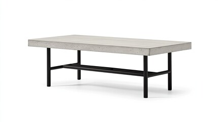 A rectangular coffee table with a light grey concrete surface and black metal legs