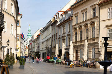 Fototapeta premium Tourist pedestrian street Venturska in center of Bratislava on a sunny day. Slovakia