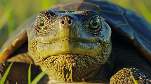 Close-up of a turtle resting in a lush green field during daylight hours, showcasing its detailed shell and expressive eyes