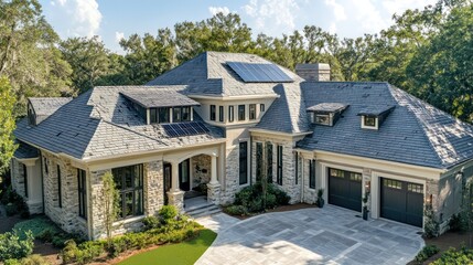 Obraz premium Stunning luxury home exterior suburban neighborhood real estate photography lush greenery aerial view modern architecture