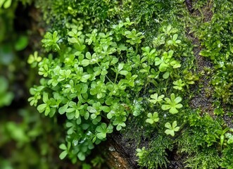 Obraz premium Close-up of Lush Green Moss and Plants Growing on Wood
