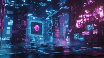 Obraz premium A fintech engineer developing AI powered decentralized lending solutions for crypto backed assets, futuristic finance center with live loan data, High-tech style