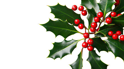 Obraz premium Christmas Holly Berries with Green Leaves and Red Fruit on a Branch for Holiday Decoration