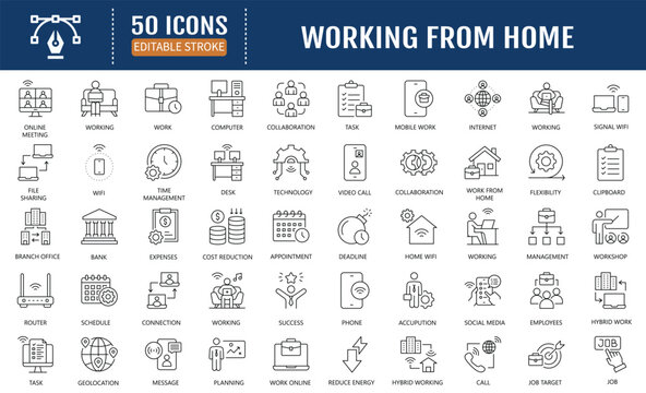 Working from the home line editable icon set. Containing remote working, freelance, hybrid work, digital nomad, office, work at home and more. Vector Illustration
