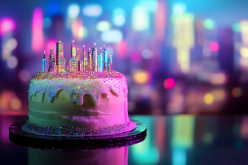 Futuristic cityscape birthday cake with glittering skyscrapers candles