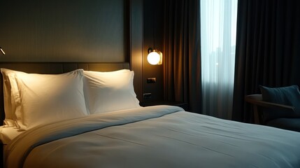 Relaxing hotel bedroom setting urban location interior photography cozy environment warm viewpoint comfort concept