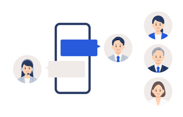 スマホでオペレーターとチャットするビジネスパーソン（差し替え用のアイコンセット）【人物ベクターイラスト素材】