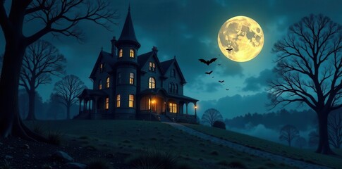 Fototapeta premium An Enigmatic Victorian Mansion Under a Full Moon's Glowing Light, Silhouetted by Leafless Trees and Bats in Flight