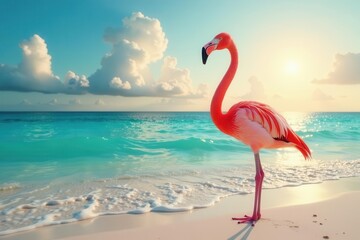 Fototapeta premium A Vibrant Pink Flamingo Stands Serenely on a Pristine White Sandy Beach at Sunset, the Calm Ocean Waves Gently Lapping at its Feet, Creating a Breathtaking Tropical Scene