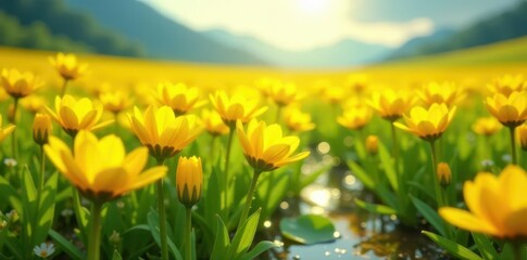 Golden Meadow Blooms Basking in Sunlight's Embrace, a Vibrant Display of Nature's Beauty