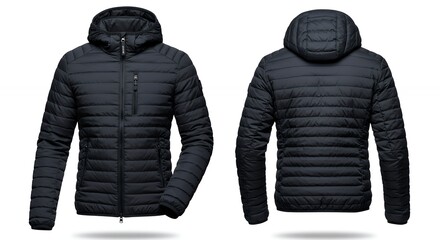 Black Hooded Puffer Jacket Shown Front and Back on White Background