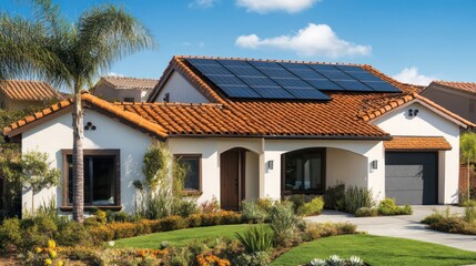 Solar-powered home suburban neighborhood residential architecture bright day eye-level sustainable living
