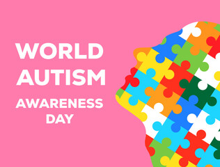 World Autism Awareness Day Human head profile. Vector isolated on pink background.