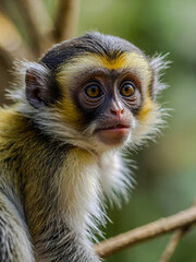 Fototapeta premium Close-up view of Guenon cub in its natural environment with a blurred background