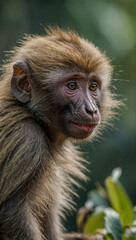 Obraz premium Close-up view of Guinea Baboon cub in its natural environment with a blurred background