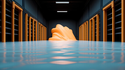 Flooded Warehouse Corridor with Submerged Orange Shape
