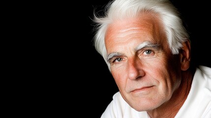 Mature man with white hair and expressive gaze against a dark background
