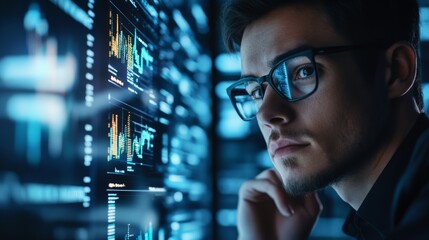 A fintech scientist developing AI enhanced cryptocurrency price prediction models, futuristic market research center with real-time data analysis, High-tech style