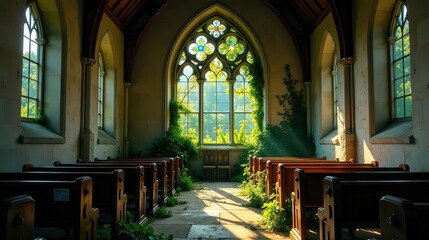 Fototapeta premium Serene Chapel Interior Sunlight Illuminates Rows of Wooden Pews, Vines Embrace a Majestic Stained-Glass Window, Casting Beams of Light Across the Stone Floor