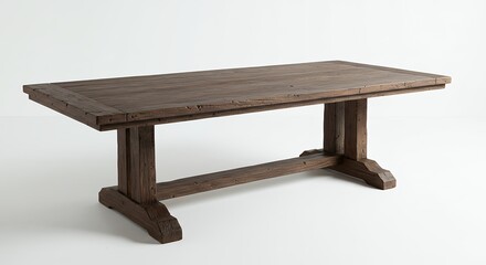 Rustic Wood Dining Table with Trestle Base Against White Background