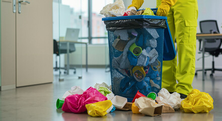 Office cleanup - Person cleaning trash and waste in modern office  