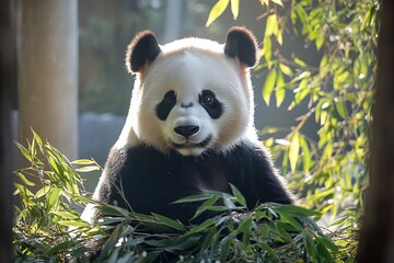 Obraz premium Giant Panda Sitting Among Bamboo Stalks Looking Directly at the Camera