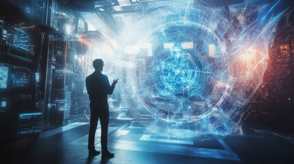 A quantum physicist exploring AI enhanced time crystals, futuristic quantum research lab with holographic atomic resonance analysis and AI-controlled phase state simulations, High-tech style