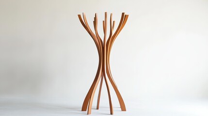 A floor-standing coat rack with interconnected wooden arms in a natural finish