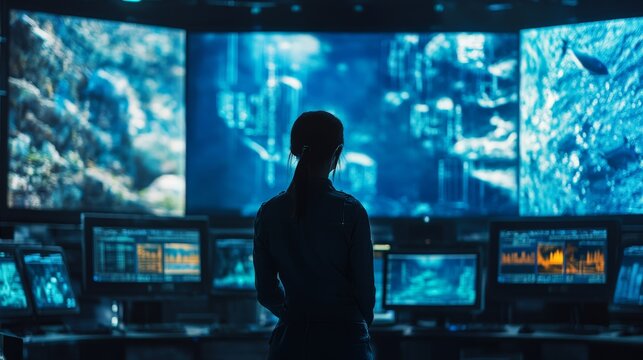 A researcher designing AI powered underwater cities, futuristic marine engineering lab with real-time oceanic pressure simulations and AI-assisted sustainable aquatic architecture, High-tech style