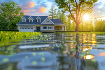 Obraz premium A serene house near a reflective body of water, surrounded by lush greenery and bathed in warm sunlight, creating a peaceful atmosphere.